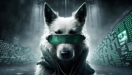 Creative 4k high resolution wallpaper art of a dog inspired by game movie with Dark, cyberpunk-inspired virtual reality and futuristic city environments by Photography (generative AI)