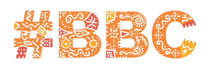 BBC Hashtag. Isolated text with national ethnic ornament. Patterned Popular Hashtag #BBC for big black cock, Adult resources, mobile app, games, clothing, t-shirt, banner, adv. Stock vector image
