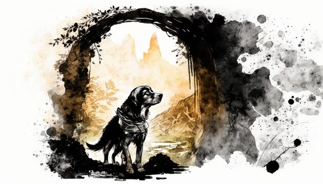 Creative 4k high resolution wallpaper art of a dog inspired by game movie with Epic and fantastical Middle-earth settings, including forests, mountains, and castles by Sumi-e (generative AI)
