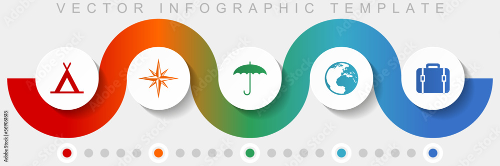 Poster Adventure infographic vector template with icon set, miscellaneous icons such as tent, navigation, umbrella, globe and case for webdesign and mobile applications