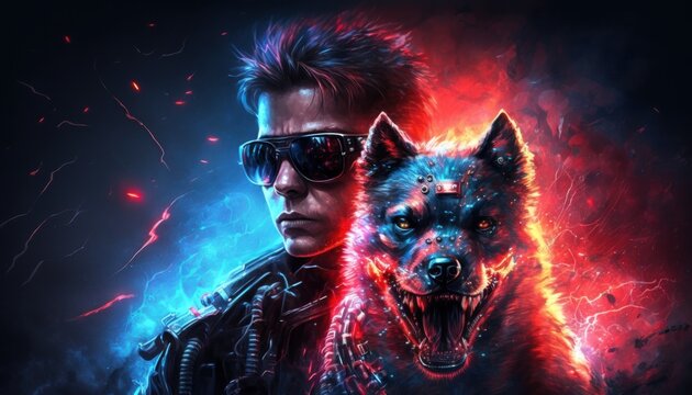 Creative 4k high resolution wallpaper art of a dog inspired by game movie with Futuristic and post-apocalyptic settings with advanced technology and cyborgs by Tenebrism (generative AI)