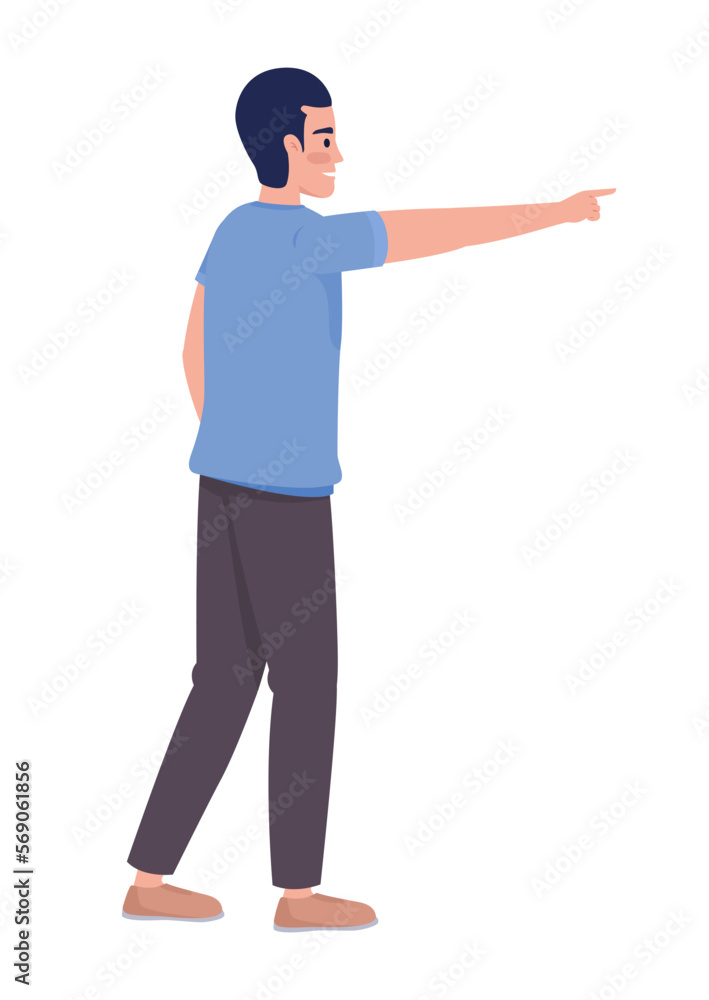 Poster man in casual clothes showing direction with finger semi flat color vector character. editable full 