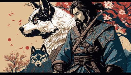 Creative 4k high resolution wallpaper art of a dog inspired by game movie with Historical settings with a mix of accurate architecture by Ukiyo-e (generative AI)
