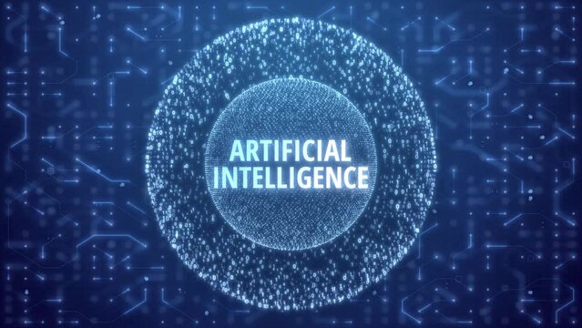 Artificial Intelligence Concept over Matrix sphere on circuitry background. random numbers in form of sphere over circuit blue background