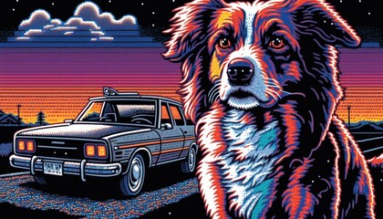 Creative 4k high resolution wallpaper art of a dog inspired by game movie with Iconic time-traveling adventures with futuristic and 1950s Americana settings by Pointillism (generative AI)