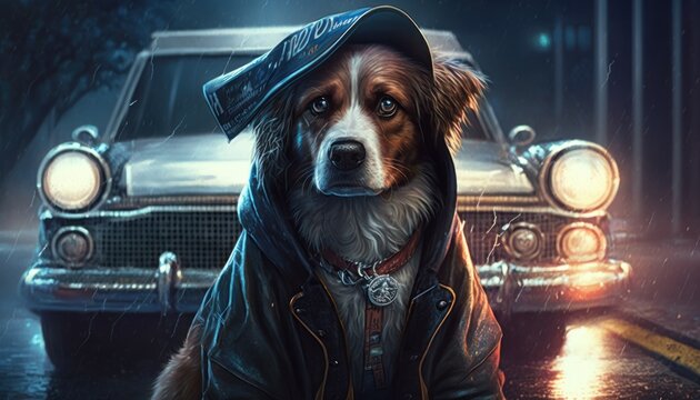 Creative 4k high resolution wallpaper art of a dog inspired by game movie with Iconic time-traveling adventures with futuristic and 1950s Americana settings by Tenebrism (generative AI)