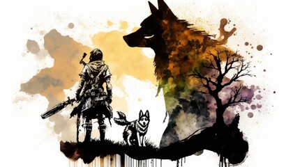 Creative 4k high resolution wallpaper art of a dog inspired by game movie with Kingdoms and landscapes with a mix of fantastical creatures and characters by Sumi-e (generative AI)