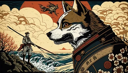  Creative 4k high resolution wallpaper art of a dog inspired by game movie with Kingdoms and landscapes with a mix of fantastical creatures and characters by Ukiyo-e (generative AI) © Get Stock