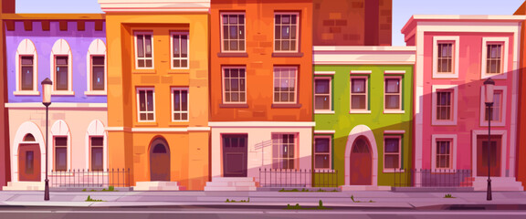 Naklejka premium Cartoon city street in vector. Mayfair district in London. Town panorama illustration for horizontal banner or advertising. Empry neighborhood for game design.