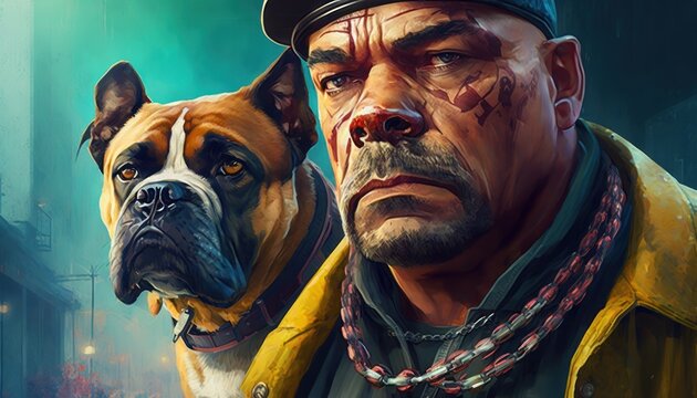 Creative 4k high resolution wallpaper art of a dog inspired by game movie with Open-world city environments with a cartoonish, exaggerated art style by Fresco Painting (generative AI)