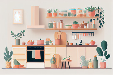 A kitchen with a stove and a shelf filled with potted plants and pots on the wall and a potted plant on the counter, high detail illustration, a storybook illustration