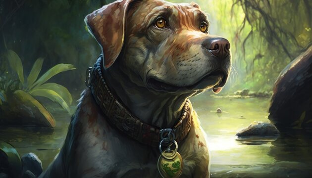 Creative 4k high resolution wallpaper art of a dog inspired by game movie with Prehistoric environments with dinosaurs and tropical island settings by Fresco Painting (generative AI)