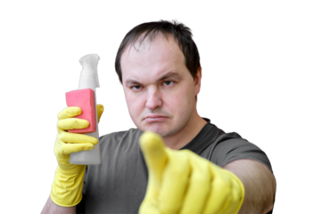 Cleaner man showing finger gesture at you in yellow gloves, portrait on studio isolated on a white background