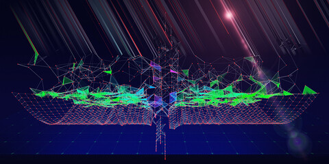 Abstract  background contain grid chaotic web with blurred lines data. Technology  wireframe interlacement concept in virtual. Big Data. Banner for business, science and technology data analytics.