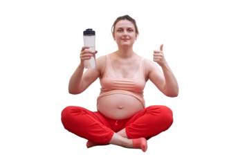 Fitness during pregnancy and the benefits of clean water, isolated on a white background. Pregnant woman at sports training at home shows the thumbs up with a bottle of water in her hands