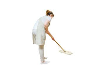 A woman in an apron cleans the floor with a mop in a home kitchen, isolated on a white background