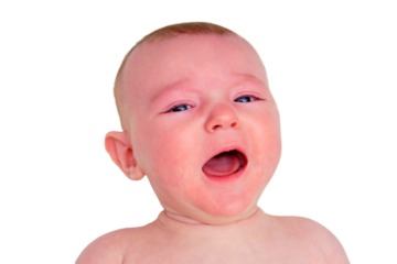 Crying Infant baby boy at the age of four months, close-up portrait, isolated on a white background. Kid aged four months