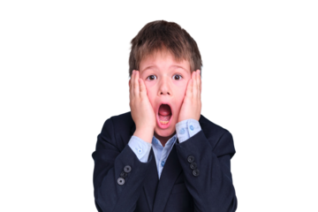 A scared boy in a school suit on distance learning, isolated on a white background