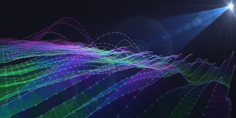 Abstract  background contain wavy graph from dotted guides with blurred lines data. Big Data. Technology  wireframe  concept data in virtual space. Banner for business, science and technology