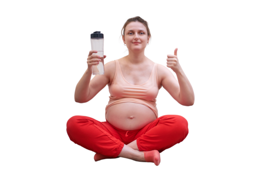 Fitness during pregnancy and the benefits of clean water, isolated on a white background. Pregnant woman at sports training at home shows the thumbs up with a bottle of water in her hands - Powered by Adobe