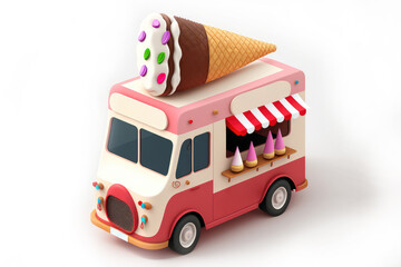 Ice cream food truck, isolated van, cartoon car for street food icecream desserts selling. Automobile cafe or restaurant on wheels with ice cream assortment, 3d illustration. (ai generated)