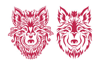 Wolf head from patterns. Color of 2023. Viva Magenta . 18-1750. Vector illustration