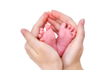 The mother holds the small child foot in her palms. Large female hands and feet of a newborn baby, isolated on a white background. Kid age 0 months