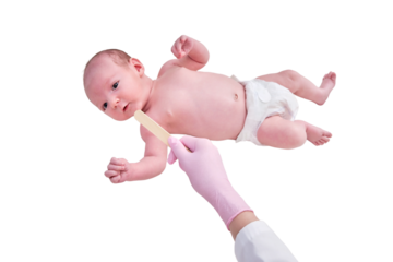 Doctor checks the throat of a newborn child with a plowshare, isolated on a white background. A nurse in uniform with a wooden stick in her hand examines the child mouth. Kid aged two months