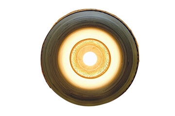 Bamboo wooden chandelier with one lamp, bottom view, isolated on a white background