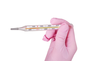 Doctor checks the temperature with a thermometer, isolated on a white background. A nurse in uniform measures the child fever with a thermometer