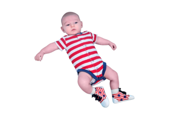A newborn baby dressed in the colors of the American flag of the United States, isolated on a white background. A child in the clothes of the red and white USA flag. Kid aged two months