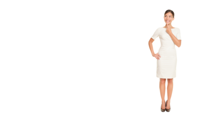 Thinking business woman standing in full body isolated cutout PNG on transparent background contemplating looking up to the side happy. Beautiful Asian / Caucasian businesswoman in dress suit.
