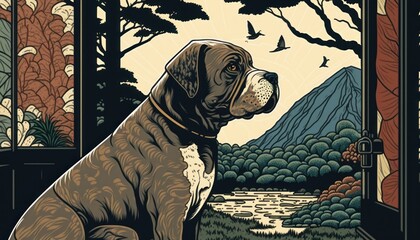 Creative 4k high resolution wallpaper art of a dog inspired by game movie with Prehistoric environments with dinosaurs and tropical island settings by Ukiyo-e (generative AI)