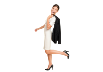 Walking business woman smiling happy isolated cutout PNG on transparent background in full length holding her jacket casual over the shoulder. Mixed race Caucasian Asian businesswoman.