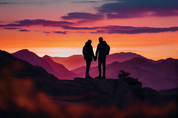 Obraz premium Two people standing on a mountain top at sunset with a view