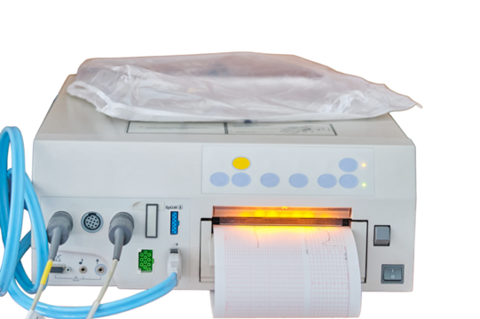 CTG device with monitoring of the state of health of the mother and child during childbirth in the hospital, isolated on a white background