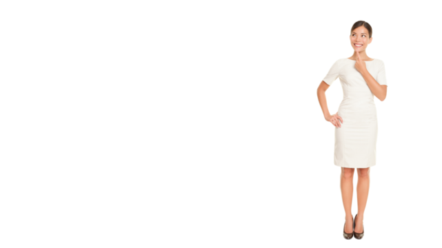 Thinking business woman standing in full body isolated cutout PNG on transparent background contemplating looking up to the side happy. Beautiful Asian / Caucasian businesswoman in dress suit.