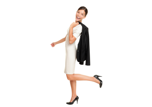 Walking business woman smiling happy isolated cutout PNG on transparent background in full length holding her jacket casual over the shoulder. Mixed race Caucasian Asian businesswoman.