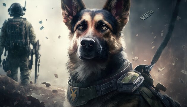 Creative 4k high resolution wallpaper art of a dog inspired by game movie with Realistic military settings with photorealistic graphics by Fresco Painting (generative AI)