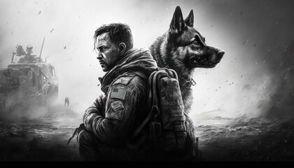 Creative 4k high resolution wallpaper art of a dog inspired by game movie with Realistic military settings with photorealistic graphics by Graphite Drawing (generative AI)