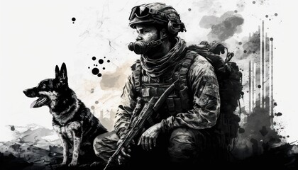 Fototapeta na wymiar Creative 4k high resolution wallpaper art of a dog inspired by game movie with Realistic military settings with photorealistic graphics by Ink Drawing (generative AI)