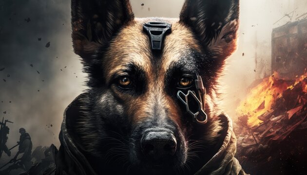 Creative 4k high resolution wallpaper art of a dog inspired by game movie with Realistic military settings with photorealistic graphics by Tenebrism (generative AI)