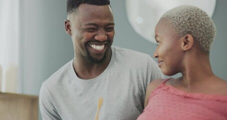 Black couple, dance and brushing teeth in a bathroom with happiness, love and care at home. Dancing, happy people and smile of a black woman and man together excited in morning with dental hygiene
