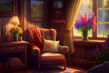 a room with a chair, a table, a lamp and a window with a view of the outside, magic realism