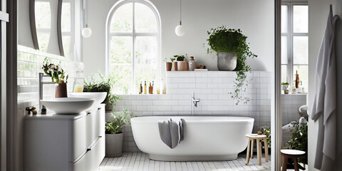 A bathroom with a large free standing Bath, with a window.