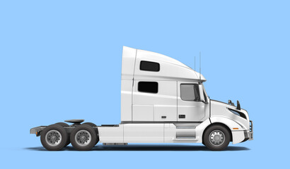 White semi truck with black inserts with carrying capacity of up to five tons side view 3d render on blue background - 569064402