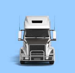 Obraz na płótnie Canvas White semi truck with black inserts with carrying capacity of up to five tons front view 3d render on blue background