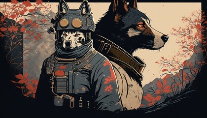 Creative 4k high resolution wallpaper art of a dog inspired by game movie with Tactical shooter with realistic military settings and weaponry by Ukiyo-e (generative AI)