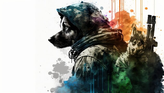 Creative 4k high resolution wallpaper art of a dog inspired by game movie with Tactical shooter with realistic military settings and weaponry by Sumi-e (generative AI)