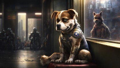 Creative 4k high resolution wallpaper art of a dog inspired by game movie with Urban, high-tech and fantastical settings, battles of heroes against villains by Printmaking (generative AI)